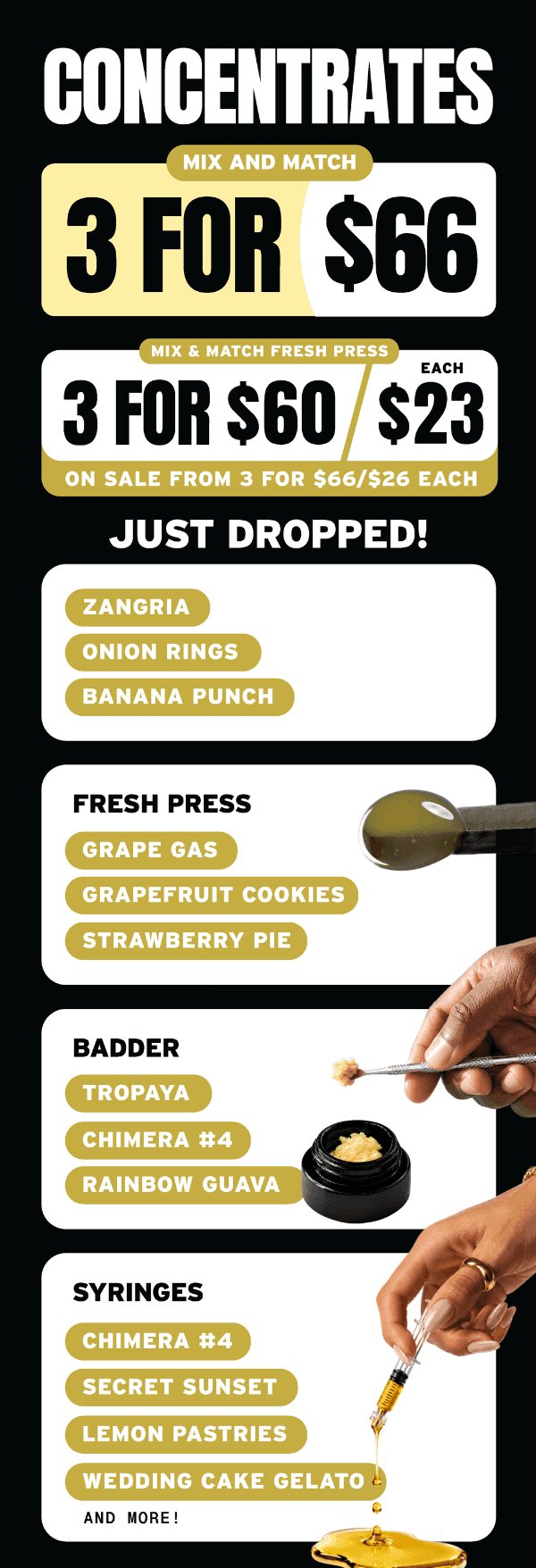 Concentrates 3 for $66 & Fresh Press 3 for $60 - Cannabis deal image