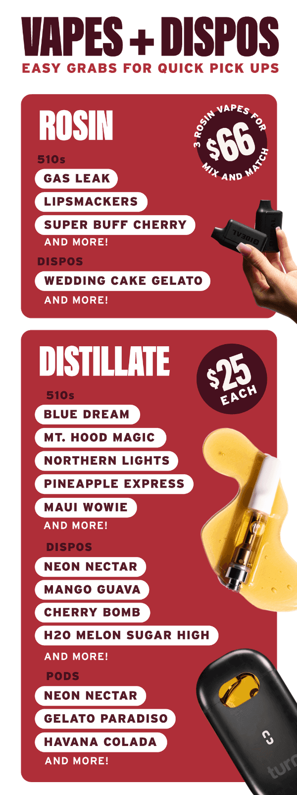 Mix & Match Rosin Vapes, Distillate Deals