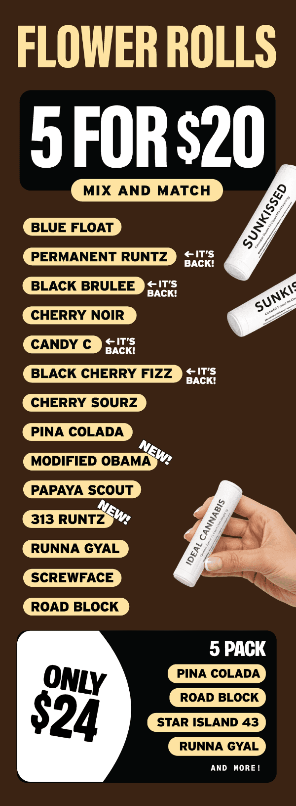 Flower Rolls Deals: 5 for $20 & 5 Pack Special - Cannabis deal image