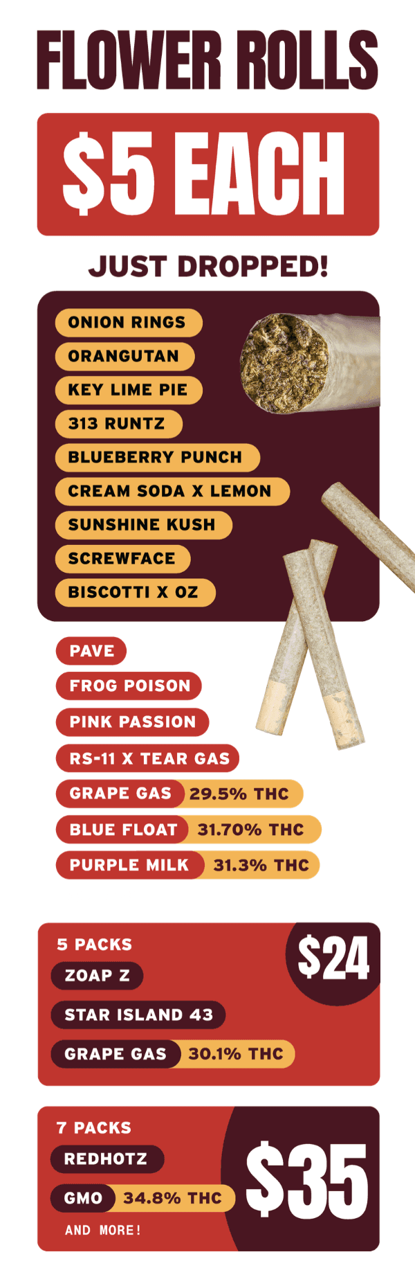 $5 Flower Rolls & $24 5-Packs - Cannabis deal image