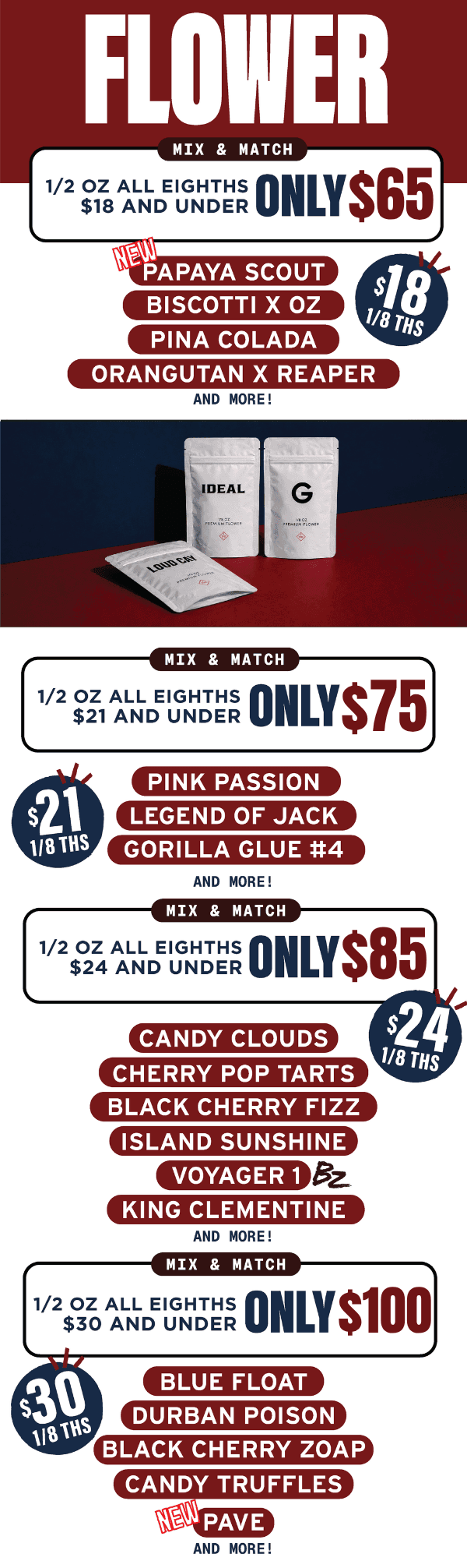 Mix & Match Flower Deals - Up To $100/Half Oz