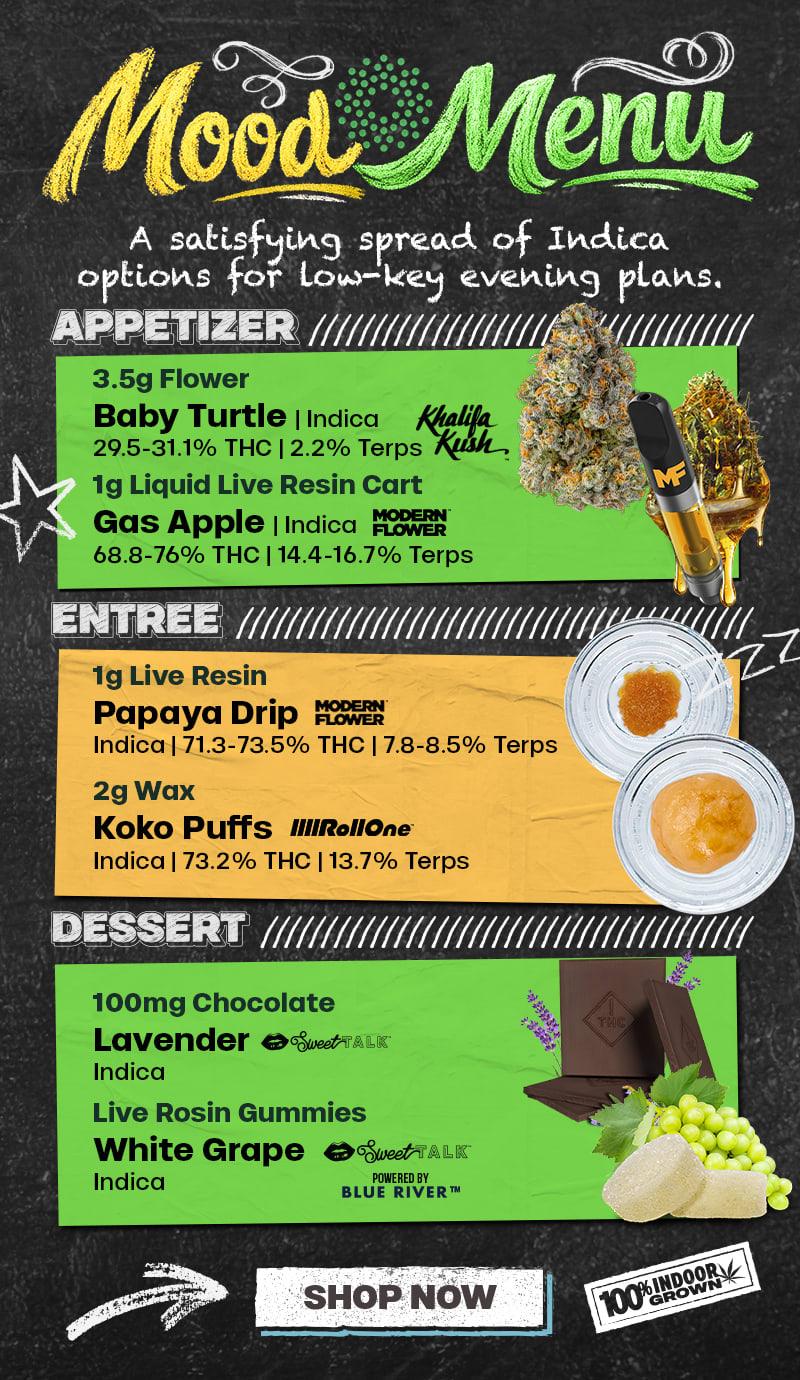 Indica Specials: Flower, Carts, Concentrates & Edibles