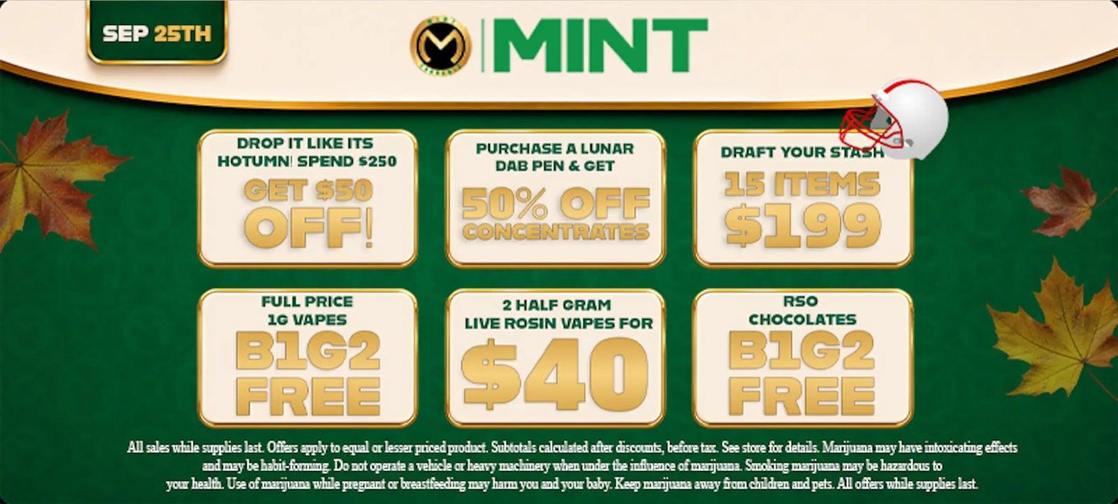 MINT: 50% Off, $50 Off & B1G2 Free - Cannabis deal image