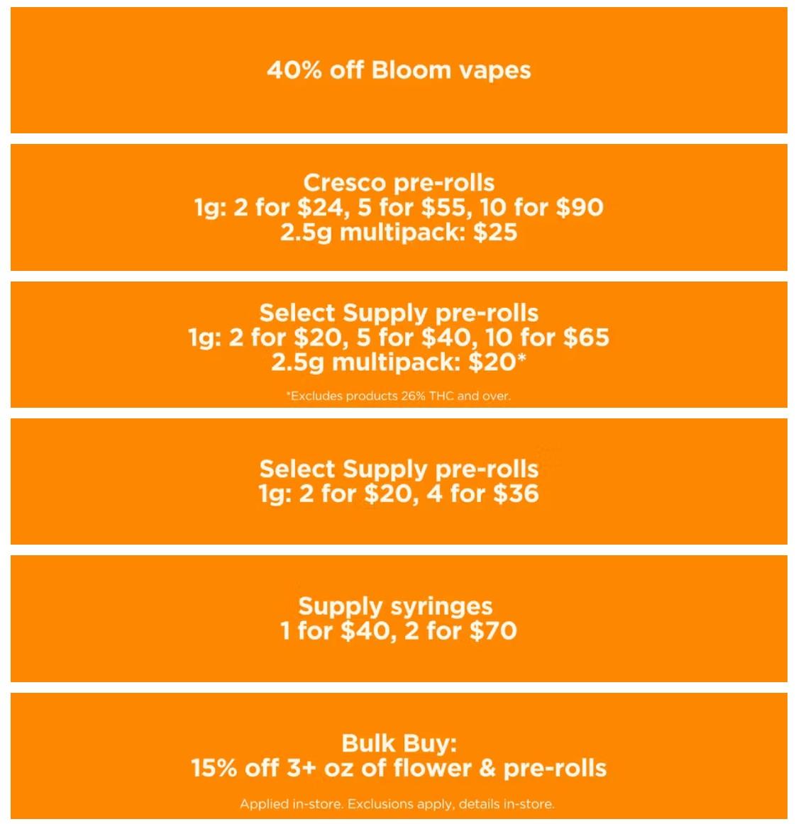 Bloom Vapes, Pre-rolls, and Syringes Deals