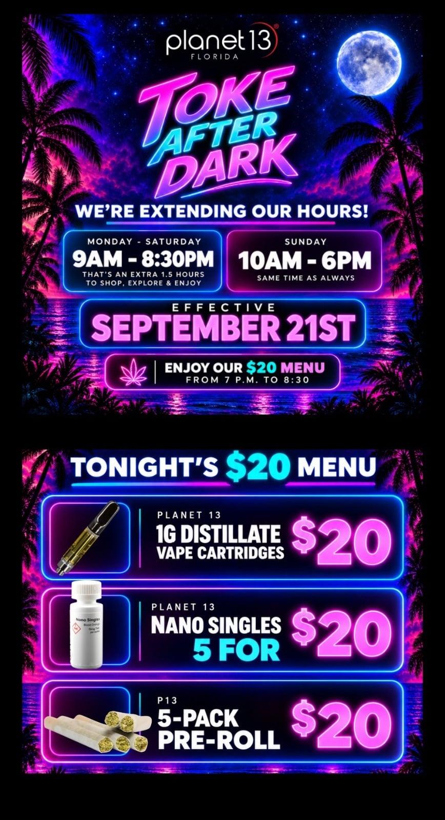Toke After Dark $20 Menu & Extended Hours - Cannabis deal image