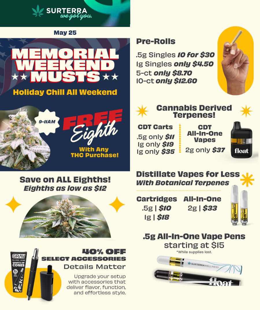 Memorial Weekend Musts: Free Eighth & Discounted Vapes - Cannabis deal image
