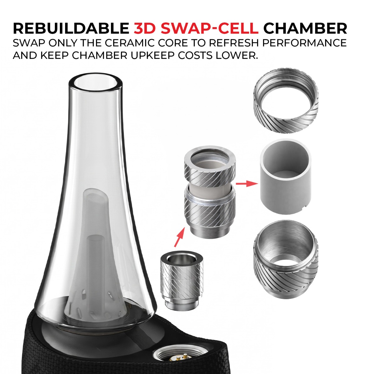 Utillian 8 Turbo product illustration showing the chamber removed and its chassis top, ceramic heating cup and chassis bottom separated.