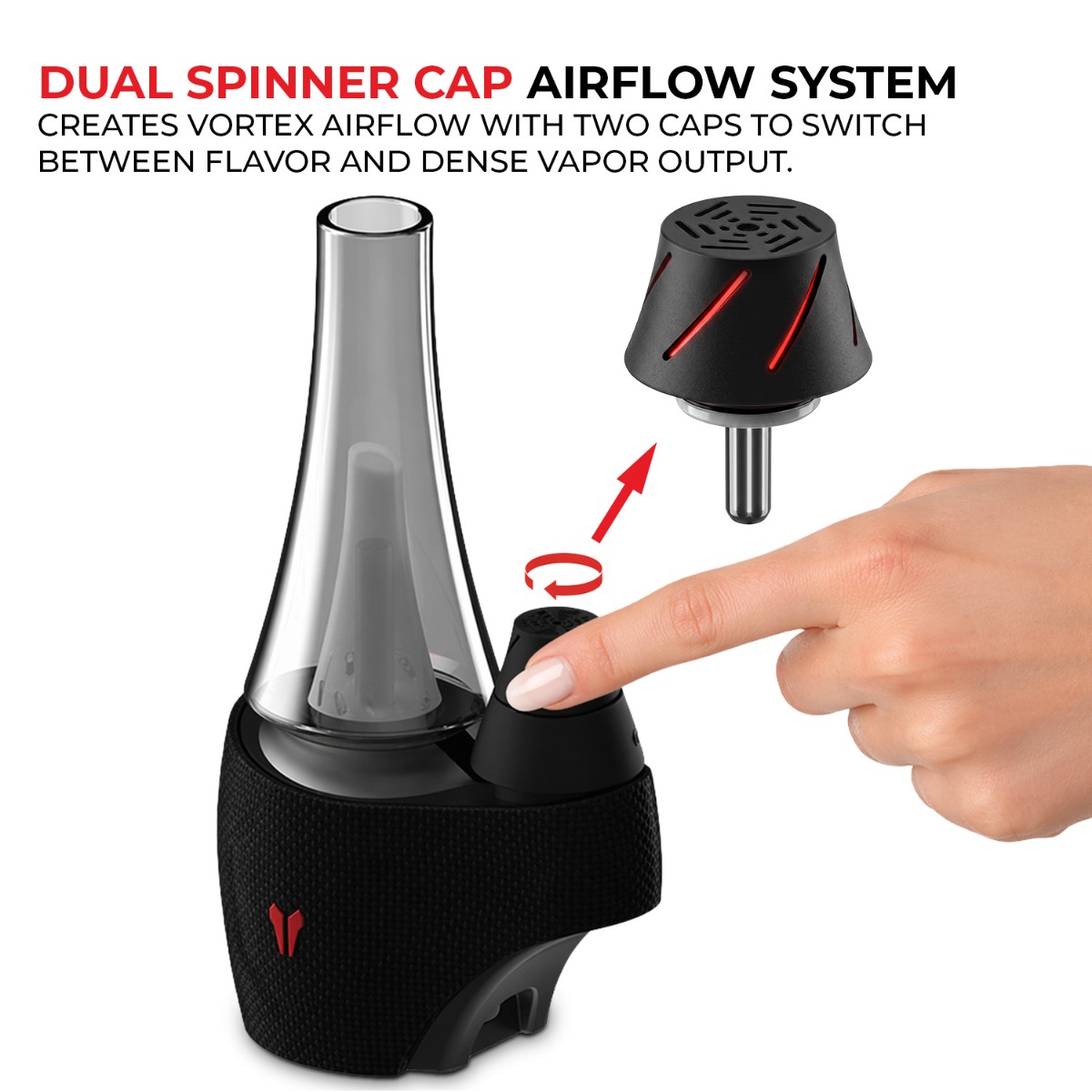 Utillian 8 Turbo cap illustration with a finger on the fitted cap and an enlarged lifted cap shown above it.